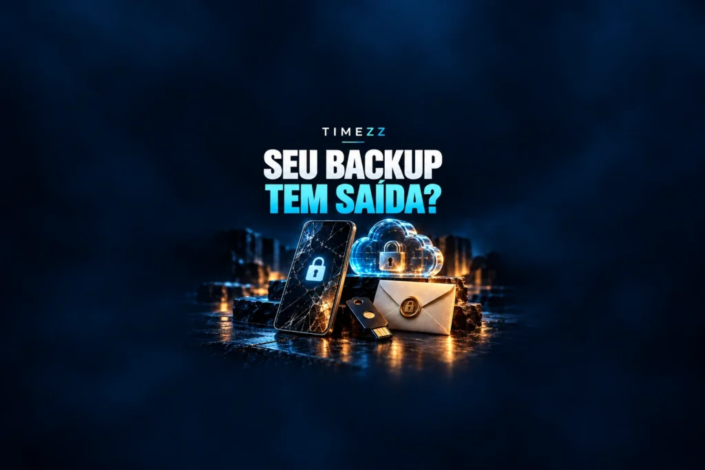 Celular com tela quebrada, nuvem com cadeado, chave de segurança e envelope no centro da imagem, sob o texto Seu backup tem saída?