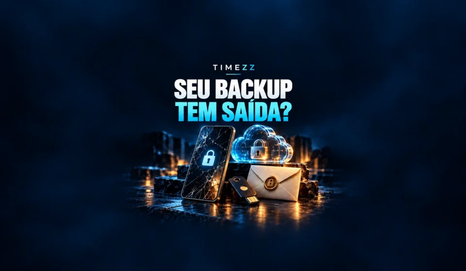 Celular com tela quebrada, nuvem com cadeado, chave de segurança e envelope no centro da imagem, sob o texto Seu backup tem saída?